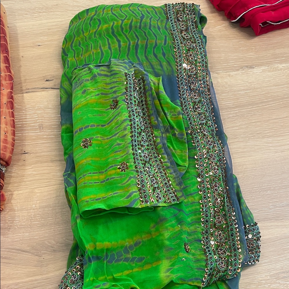 Vibrant Green and Blue Embellished Sari